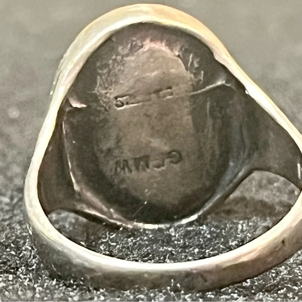 Silver Ring With Dark Amber Oval Stone That Has Sketching Engraved Size 6 1/2